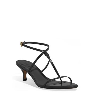 Sandália Tiras Napa Salto Baixo Fino Bico Folha Preta