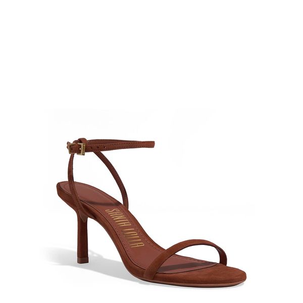 Sandália Couro Camurça Salto Alto Fino Marrom Safari