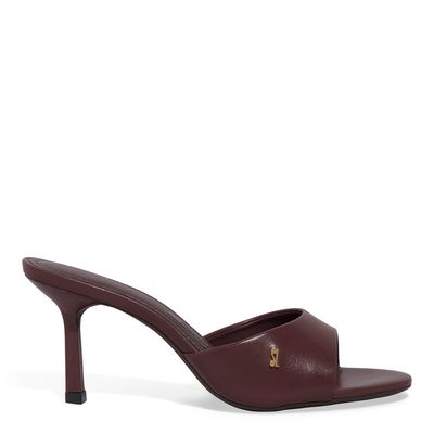 Mule Couro Pelica Salto Alto Fino Marrom Dark