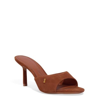 Mule Couro Camurça Salto Alto Fino Marrom Safari