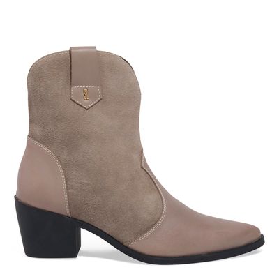 Bota Western Couro Cano Médio Salto Bloco Marrom Cinza Fog