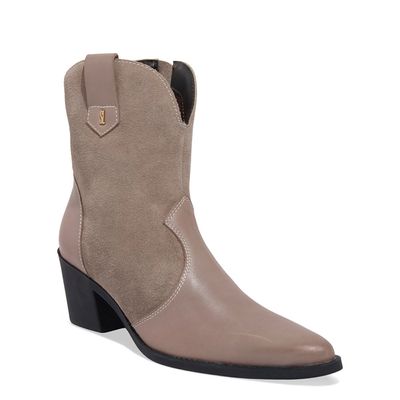 Bota Western Couro Cano Médio Salto Bloco Marrom Cinza Fog
