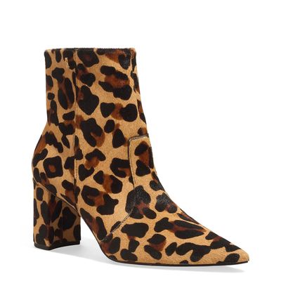Bota Couro Pelo Bico Fino Salto Bloco Animal Print Onça