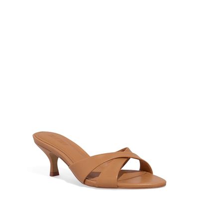 Mule Couro Nobre Soft Tiras Cruzadas Salto Taça Caramelo