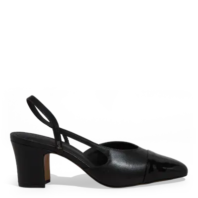 Scarpin Slingback Couro Salto Bloco Baixo Preto