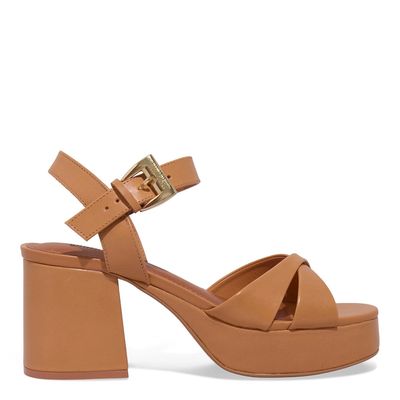 Sandália Anabela Plataforma Couro Nobre Caramelo