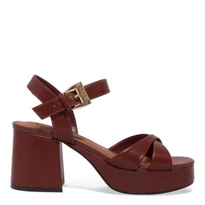 Sandália Anabela Plataforma Couro Nobre Marrom Terracota