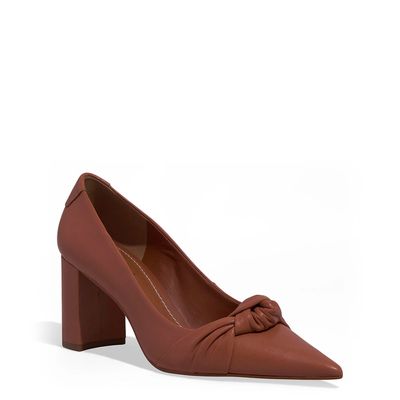 Scarpin Nó Couro Pelica Salto Bloco Marrom Safari