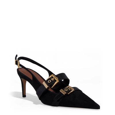 Scarpin Slingback Couro Camurça Salto Fino Preto
