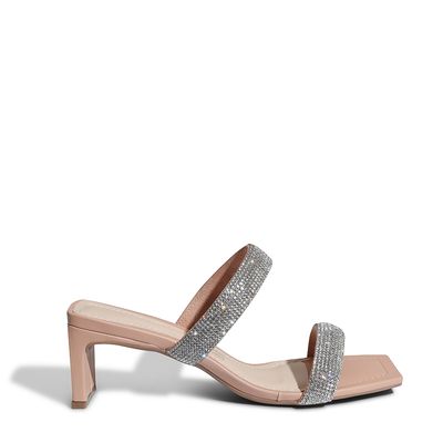 Mule Nude Rosado com Strass e Salto Médio