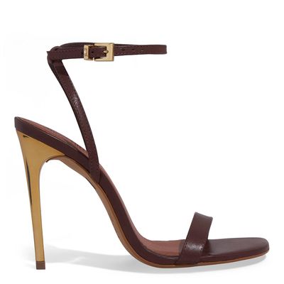 Sandália Couro Pelica Salto Alto Fino Marrom Dark