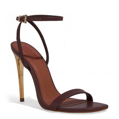 Sandália Couro Pelica Salto Alto Fino Marrom Dark