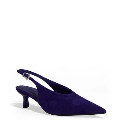 Scarpin Slingback Couro Camurça Bico Fino Roxo Vamp