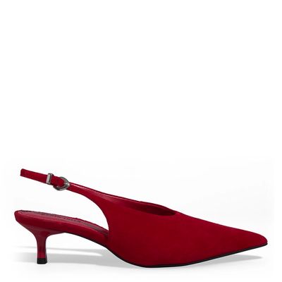 Scarpin Slingback Couro Camurça Bico Fino Vermelho Blood