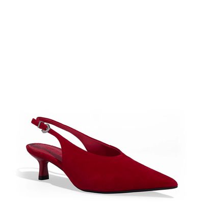 Scarpin Slingback Couro Camurça Bico Fino Vermelho Blood