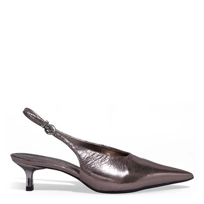 Scarpin Slingback Couro Metalizado Bico Fino Prata