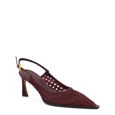 Scarpin Slingback Couro Camurça Tressê Salto Fino Marrom Dark