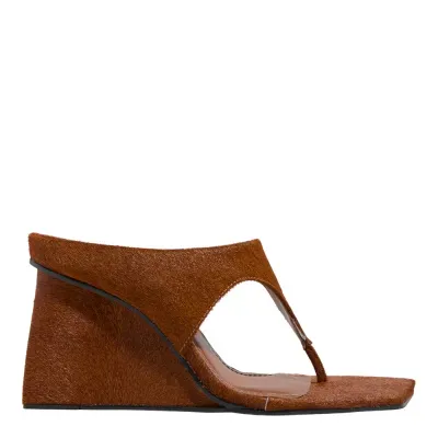 Mule Thong Anabela Pelo Liso Bico Quadrado Marrom Terracota