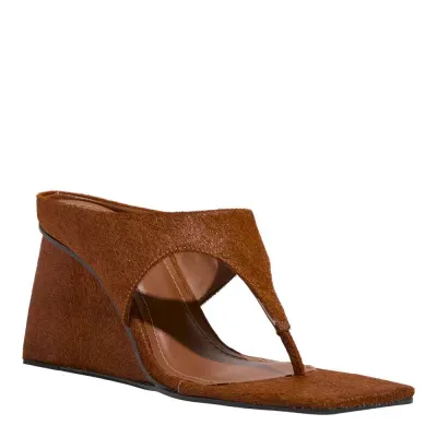 Mule Thong Anabela Pelo Liso Bico Quadrado Marrom Terracota