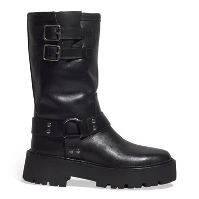 Bota Tratorada Couro Cano Médio Fivelas Preta