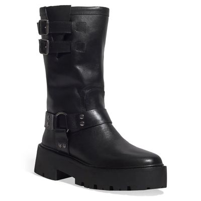 Bota Tratorada Couro Cano Médio Fivelas Preta