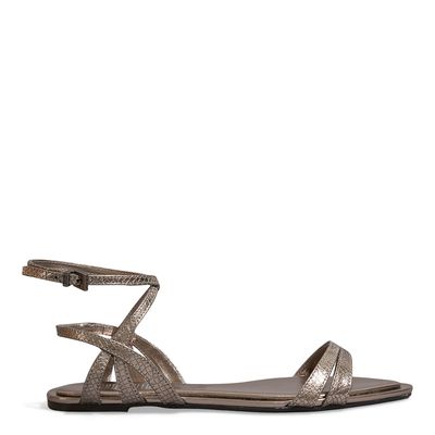 Rasteira Amarração Couro Metalizado Grafite Bico Folha