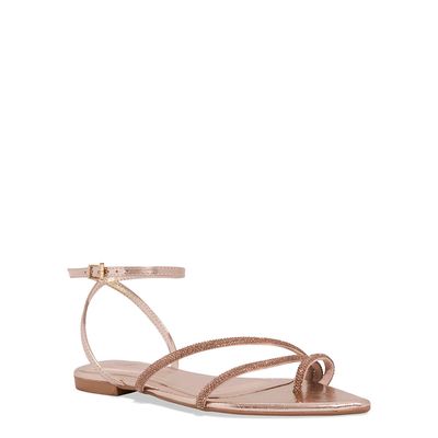 Rasteira Metalizada Brilho Strass Bico Folha Rosa