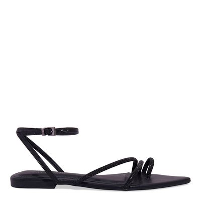 Rasteira Brilho Strass Bico Folha Preta