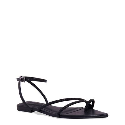 Rasteira Brilho Strass Bico Folha Preta