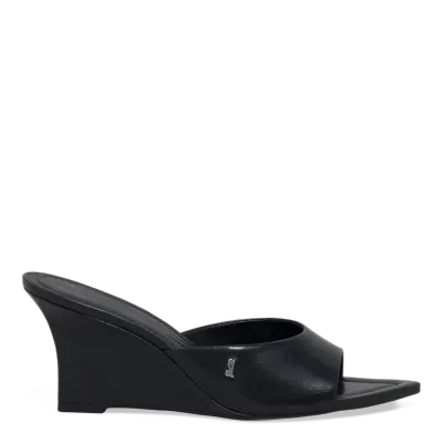 Mule Anabela Couro Pelica Bico Fino Preto