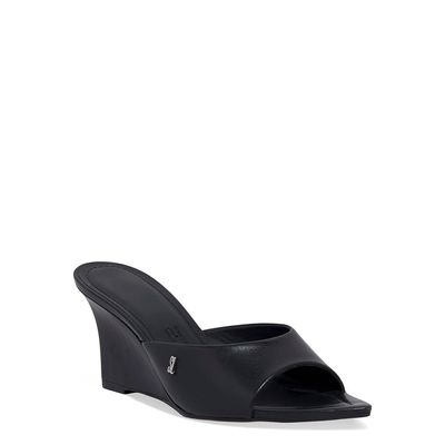 Mule Anabela Couro Pelica Bico Fino Preto