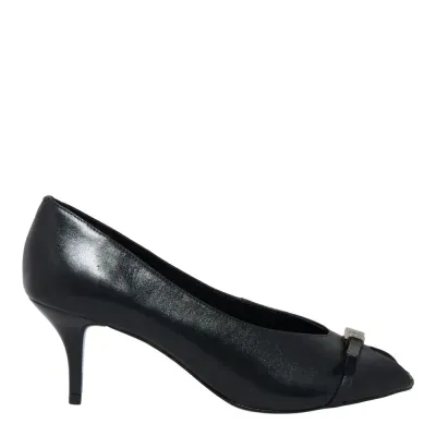 Peep Toe Couro Preto Salto Baixo Fivela