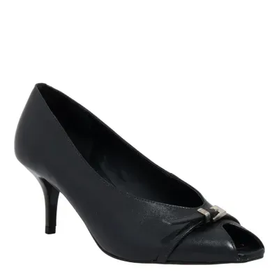 Peep Toe Couro Preto Salto Baixo Fivela