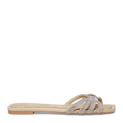 Rasteira Napa Brilho Strass Bico Quadrado Bege