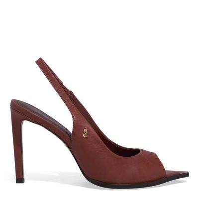 Sandália Peep Toe Couro Bico Folha Marrom