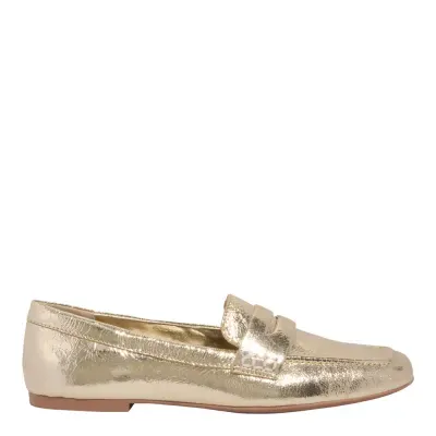 Mocassim Couro Metalizado Bico Quadrado Dourado