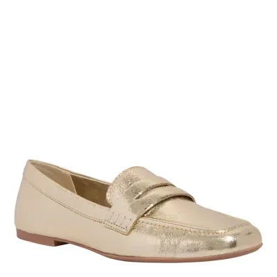 Mocassim Couro Metalizado Bico Quadrado Dourado