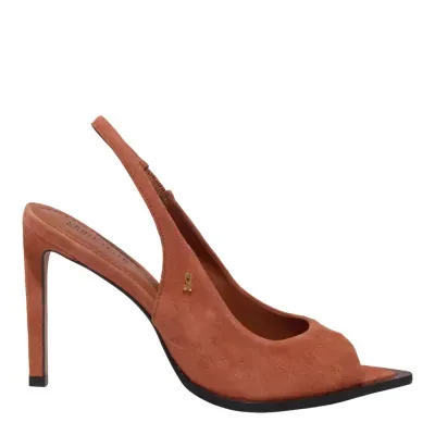 Sandália Peep Toe Couro Camurça Bico Folha Caramelo