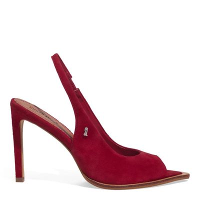 Sandália Peep Toe Couro Camurça Bico Folha Vermelha