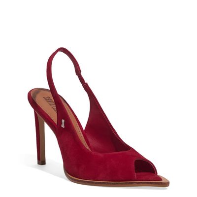 Sandália Peep Toe Couro Camurça Bico Folha Vermelha