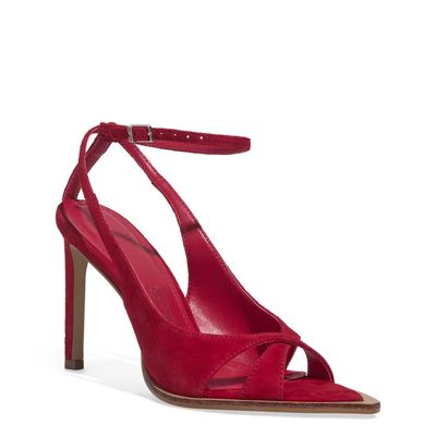 Sandália Peep Toe Couro Camurça Bico Folha Vermelha