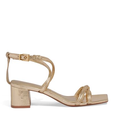 Sandália Couro Metalizado Bico Quadrado Dourado