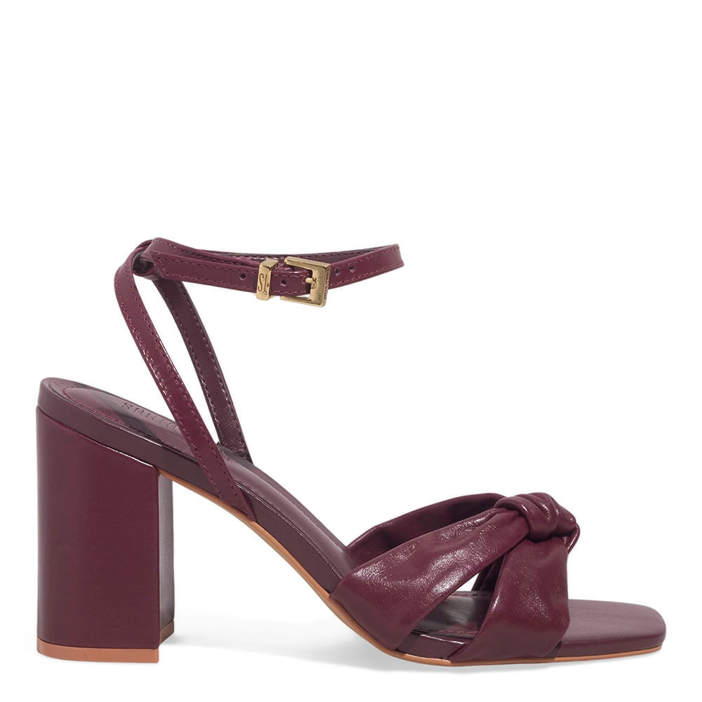 Sandália Tiras Nó Couro Salto Grosso Roxo Berry - Santa Lolla