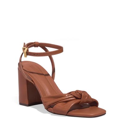 Sandália Tiras Nó Couro Salto Grosso Marrom Brick