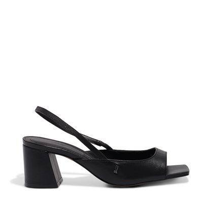 Sandália Peep Toe Preta Couro Salto Bloco