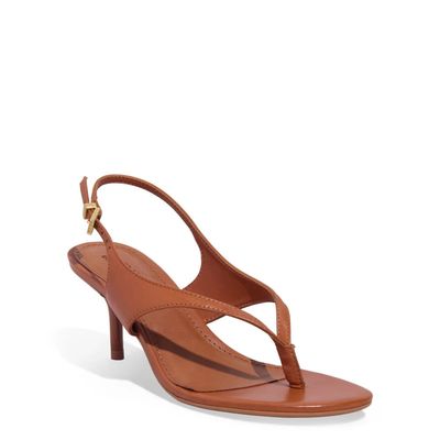 Sandália Thong Couro Salto Baixo Fino Caramelo