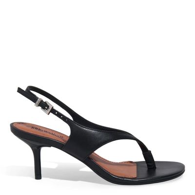 Sandália Thong Couro Salto Baixo Fino Preta