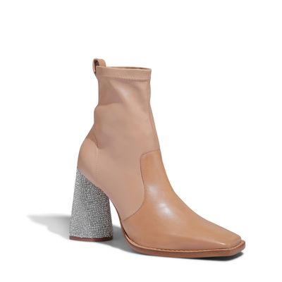 Bota Strech Nude Couro Salto Alto com Strass