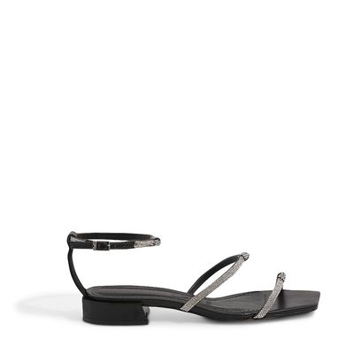 Sandália Rasteira Preta Tiras Strass