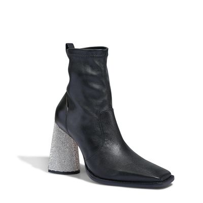 Bota Strech Preta Couro Salto Alto com Strass